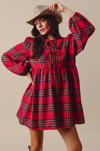 Holiday Plaid Front Tie Mini Dress