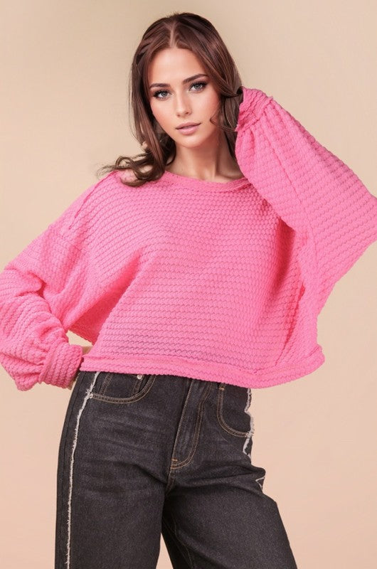 Oversized Waffle Knit Casual Top - Pink