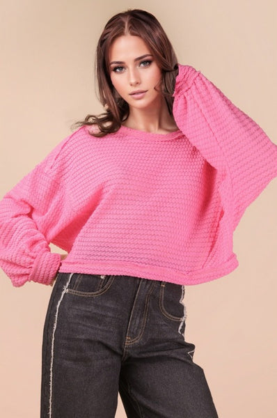 Oversized Waffle Knit Casual Top - Pink