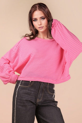 Oversized Waffle Knit Casual Top - Pink