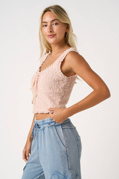 mittoshop - POPCORN TEXTURE TIE FRONT CROPPED TANK TOP