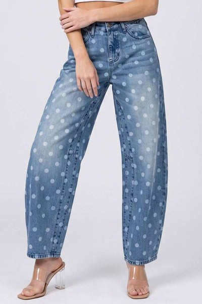 SAIGE DENIM - P8380M-HIGH RISE LOW CURVE BARREL WITH DOT PRINT