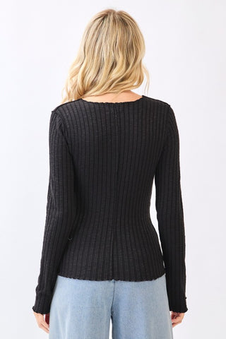 Lettuce Hem Long Sleeve Ribbed Knit Sweater Top