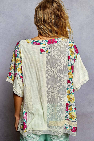 Pol Clothing - Unique Patchwork Lace Floral Knit Short Sleeve Top SALE