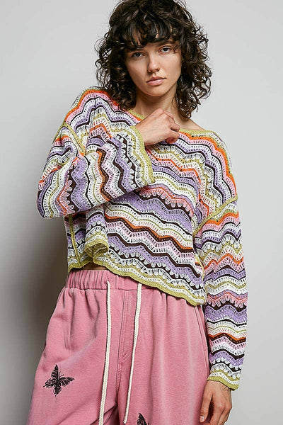 Pol Clothing - Crochet Stripe Scalloped Round Wide-Neck Long Sleeve Top