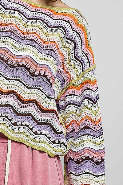 Pol Clothing - Crochet Stripe Scalloped Round Wide-Neck Long Sleeve Top