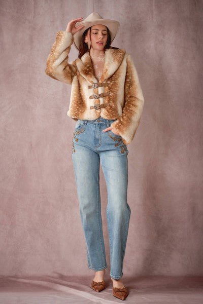 Blue B - 25004J Buckled Deer Print Faux Fur Jacket