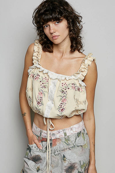 Pol Clothing - Square Neck Denim Thermal Embroidery Ruffle Crop Top