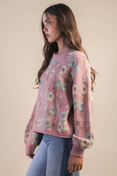 VERY J - 12W3428N-Oversized Floral Textured Printed Knit Sweater Top