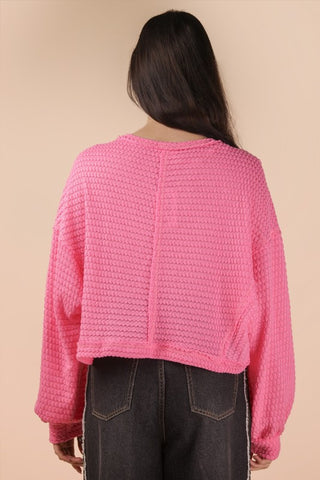 Oversized Waffle Knit Casual Top - Pink