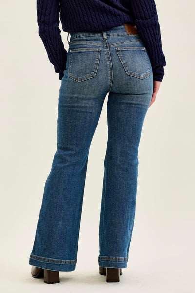 Judy Blue women's petite high-waisted flare jeans in a medium blue wash featuring a double-button tummy control waistband and 30-inch inseam.