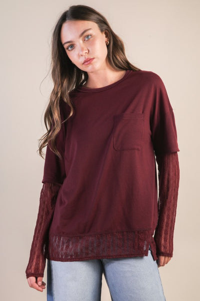Oversized Casual Knit Top With Lace - Wine