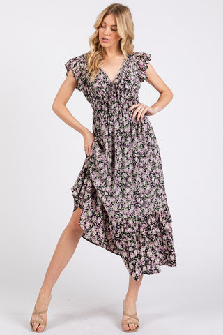 Ruffle Cap V Neck Midi-Dress