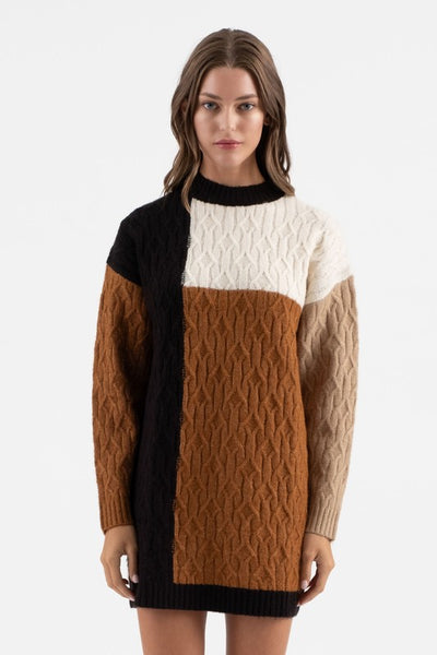 Woman wearing a color-blocked sweater with black, white, and brown sections on a white background