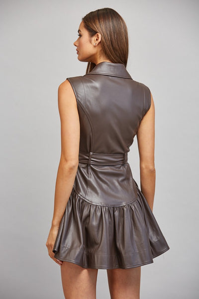 Brown faux leather belted drop waist mini dress with lapel collar and gathered skirt