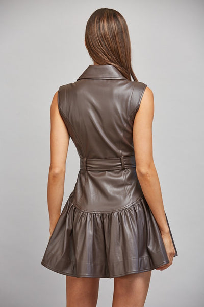 Brown faux leather belted drop waist mini dress with lapel collar and gathered skirt