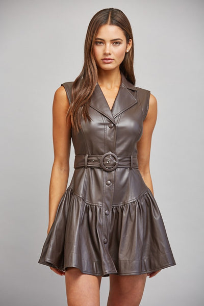 Brown faux leather belted drop waist mini dress with lapel collar and gathered skirt