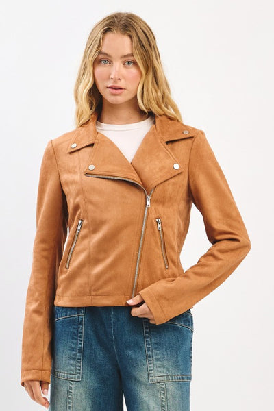 Vegan Suede Moto Biker Jacket - Camel