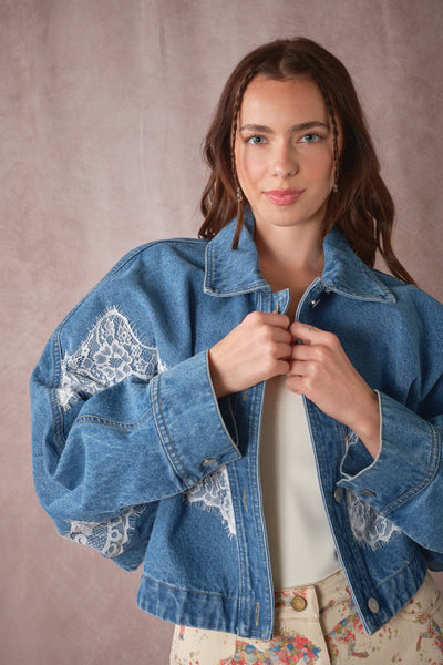 Blue B - 25021J Lace Trim Dolman Denim Jacket