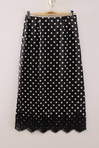 VERY J - NS50228-Polka Dot Lace Trim Satin Midi Skirt