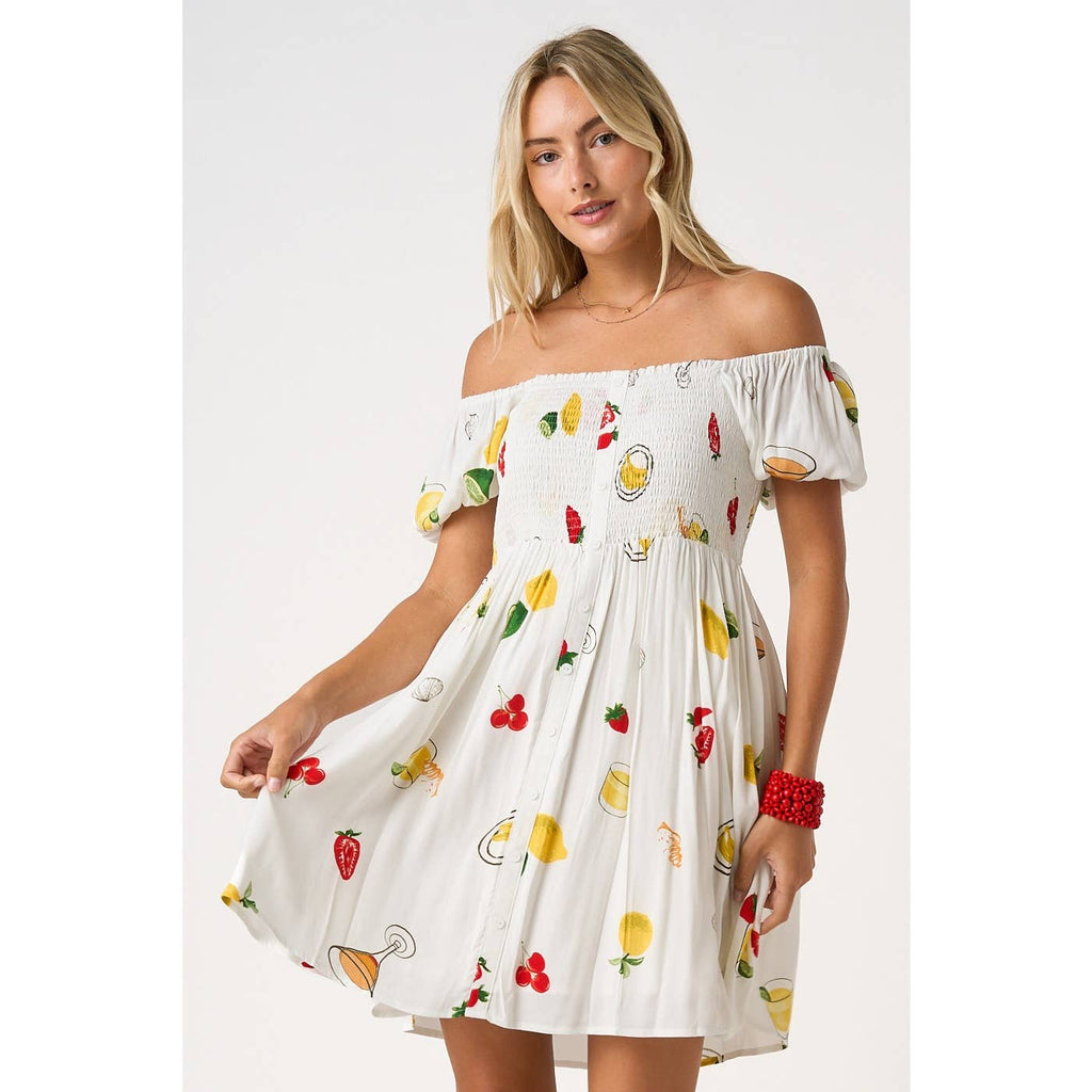 mittoshop - FRUIT PRINT 2 WAY SHORT SLEEVE BABYDOLL MINI DRESS