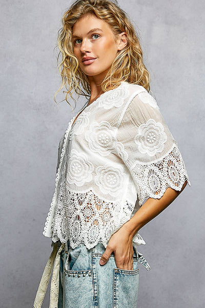 Pol Clothing - Crochet Trim Neckline Short Sleeve Jacket Top