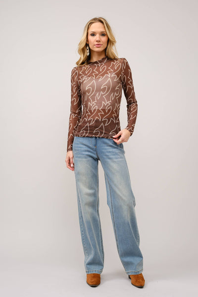 Blue B - 36349T - Boots Stitch Throughout Mesh Mock Neck Fitted Top