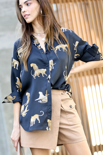 Cheetah Button Down Satin Shirt