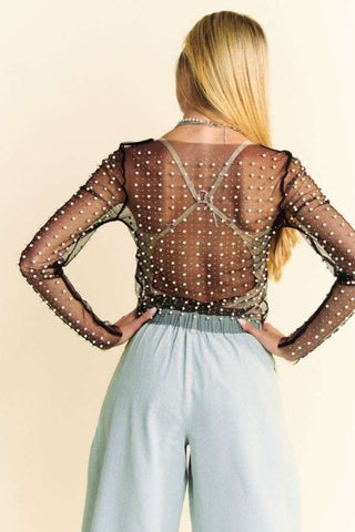 Beaded and Pearl Embellished Sheer Top