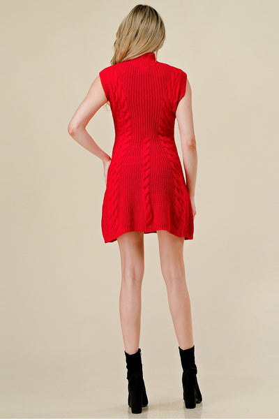 Woman wearing a red sleeveless dress on a beige background