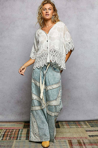 Pol Clothing - Crochet Trim Neckline Short Sleeve Jacket Top