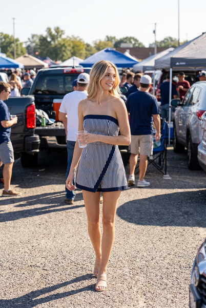 Cotton denim stripe tube romper with wrap skirt