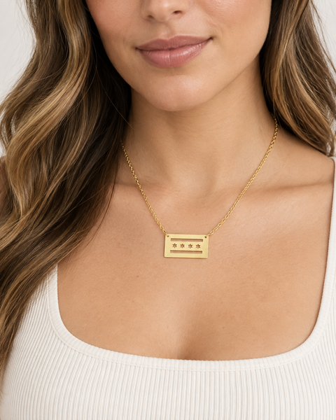 Gold Chicago Flag Necklace on model – unisex stainless steel Chicago jewelry