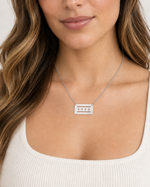 Silver Chicago Flag Necklace on model – unisex stainless steel Chicago jewelry