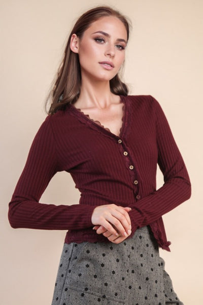 Button Down Lace Trim Fitted Top - Multiple Colors