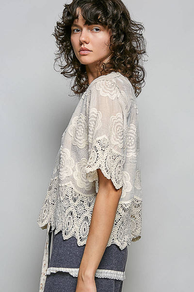 Pol Clothing - Crochet Trim Neckline Short Sleeve Jacket Top