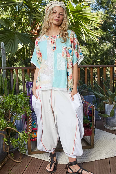 Pol Clothing - Unique Patchwork Lace Floral Knit Short Sleeve Top SALE