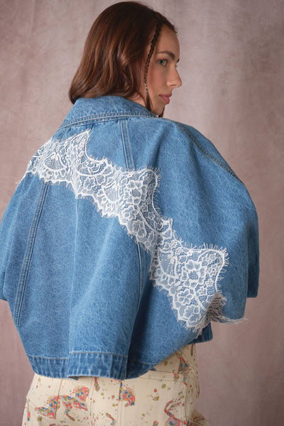 Blue B - 25021J Lace Trim Dolman Denim Jacket