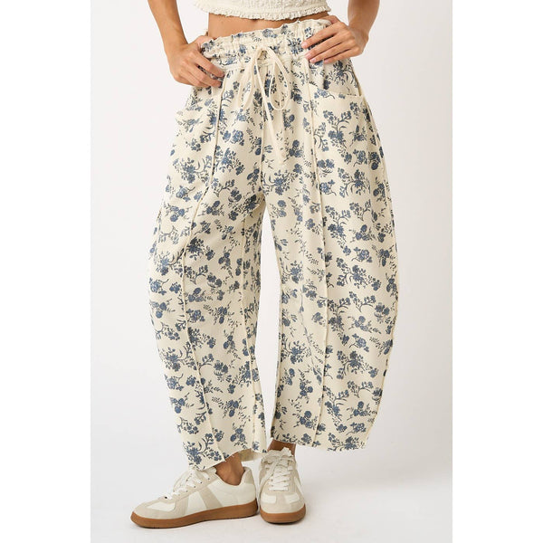 mittoshop - BLUE FLORAL PRINT SEAM DETAIL PULL ON BARREL PANTS