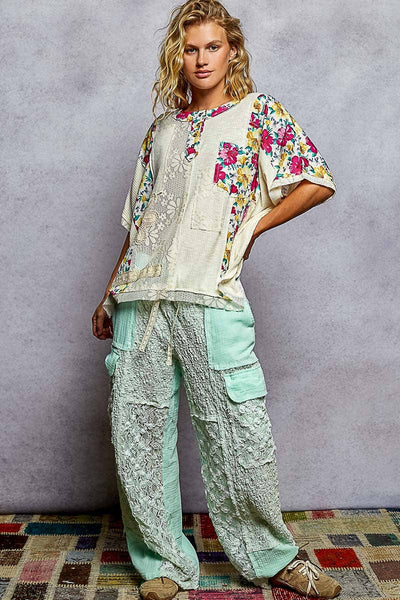 Pol Clothing - Unique Patchwork Lace Floral Knit Short Sleeve Top SALE