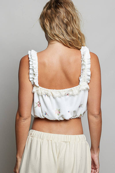 Pol Clothing - Square Neck Denim Thermal Embroidery Ruffle Crop Top