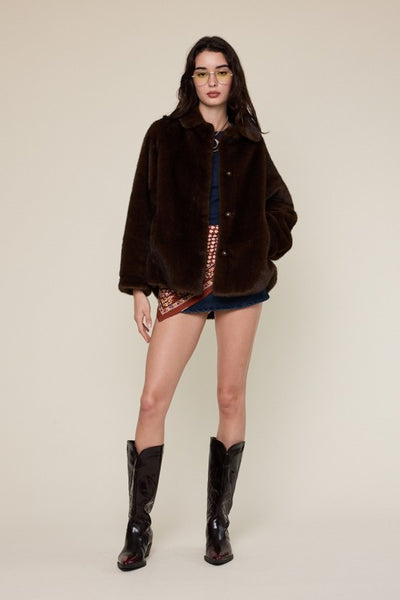 Collared Long Sleeve Vegan Fur Jacket - Brunette