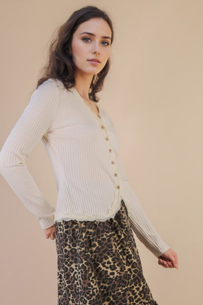 Button Down Lace Trim Fitted Top - Multiple Colors