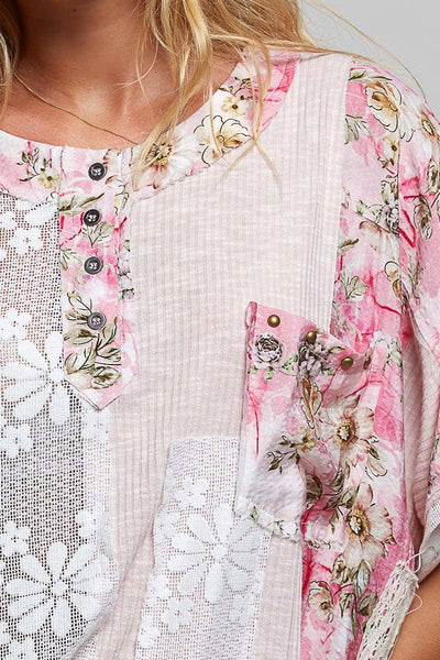 Pol Clothing - Unique Patchwork Lace Floral Knit Short Sleeve Top SALE
