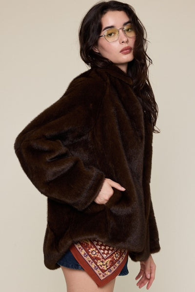 Collared Long Sleeve Vegan Fur Jacket - Brunette
