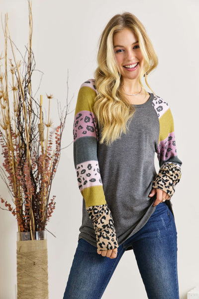 Long Sleeve Round Neck Mixed Pattern Top