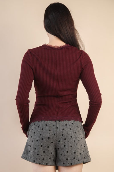 Button Down Lace Trim Fitted Top - Multiple Colors