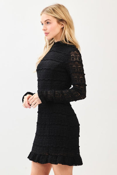 Ruffle Lace Mock Neck Bodycon Dress - Black