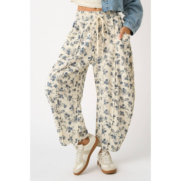mittoshop - BLUE FLORAL PRINT SEAM DETAIL PULL ON BARREL PANTS