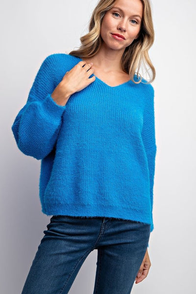 French Blue Fuzzy V Neck Sweater